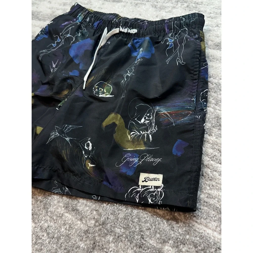 Bather Swim Trunks Mens Medium Black Graphic Print Recycled Skull Board Shorts